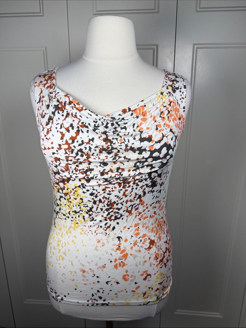 Relativity White Sleeveless Cowl Neck Top with Orange, Yellow & Brown Speckle L
